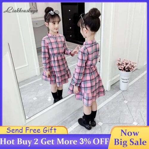 Girls Dress 2019 Autumn Long-Sleeved Casual Plaid Shirt Kids Long-Sleeved Lapel College Style Girl Costume Party Princess Dress