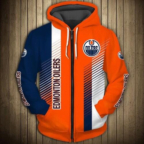 Edmonton mens Casual 3D Zipper Hoodie Orange Blue Stripes Stitching Cartoon Graffiti Print Oilers Sweatshirt