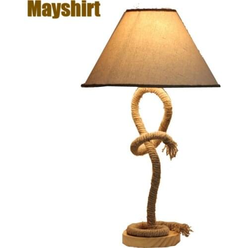 Vintage Hemp Rope Wood Table Lamps for Living Room Mediterranean Home Deco Bedroom Desk Lamp Art Deco Bedside Led Light Fixtures