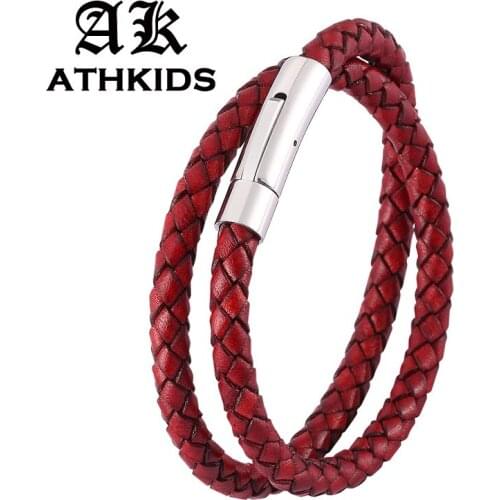 Vintage Double Layer Retro Red Leather Braided Bracelet Stainless Steel Snaps Men Women Wristband New Jewelry Gifts PD0488