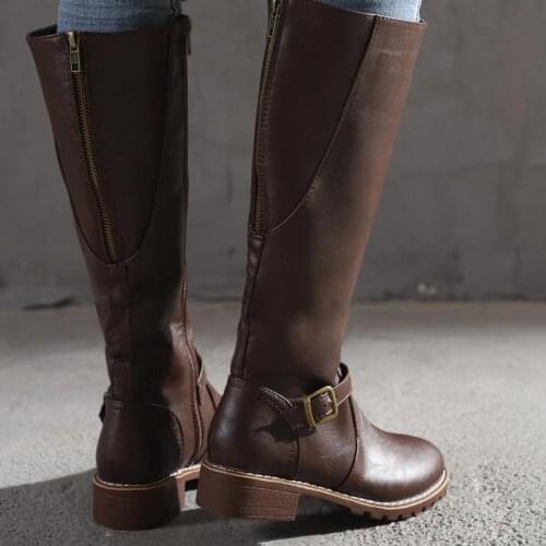 Women Metal Buckle Knee High Boots Womens Roman Lace Up Shoes Woman Cool Low Heel Female Boot Ladies Leather Footwear Plus Size