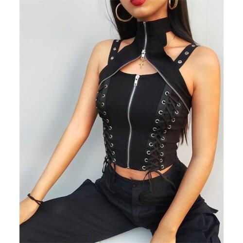 Punk Sleeveless Zipper Choker Halter Gothic Black Tank Bandage Crop Top Dark Academia Camis Women Bodycon Strap Clubwear Tops