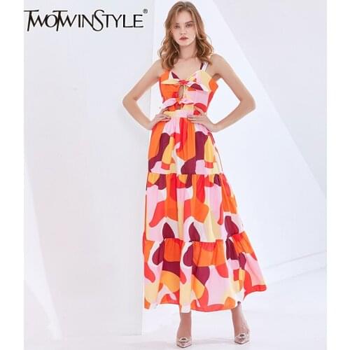 TWOTWINSTYLE Print Patchwork Bowknot Dress For Women Square Collar Sleeveless High Waist Hit Color Sling Dresses Female Summer