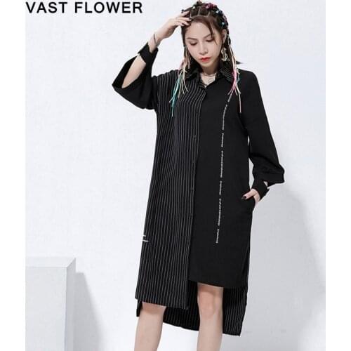 Irregular Striped Black Vintage Shirt Dress Women New Lapel Wrist Sleeve Loose Casual Dress Fashion Clothes Spring Summer 2021
