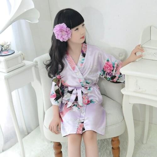 Kids satin pajamas Silk children peacock beauty Japanese kimono nightdress bathrobe baby girl pajamas sleeping clothing 3-12 Y