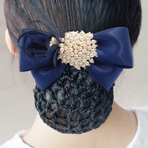 Elegant Hair Clips for Girls Office Ladies Pearl Solid Bow Net Hairpins Ribbon Cloth Hair Bun Flower Hair Accessories for Girls