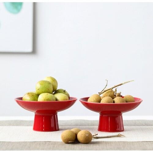 Red Snack Plate High Foot Ceramic Tea Cake Tray Small Tray Creative Home Living Room Candy Plate Dessert Plate Fruit Plate