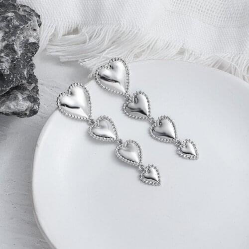 Lifefontier Layered Heart Chain Drop Earrings for Women Silver Color Metal Love Heart Long Hanging Earrings Trendy Jewelry 2021