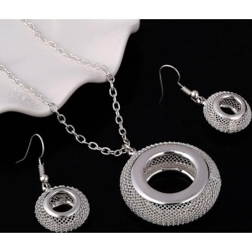 Fashion Wholesale African Bridal Jewelry Sets Silver Plated Mesh Round Pendant Necklace& Drop Earrings For Women Wedding Jewelry