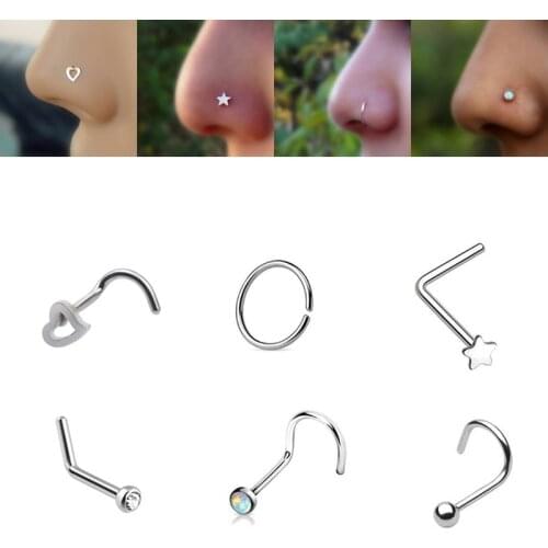 6pcs Indian Nose Stud Piercing hoop Nariz Ring Set Stainless Steel Star Heart L Shape Nose Bone Rings for Women Body Jewelry 20g