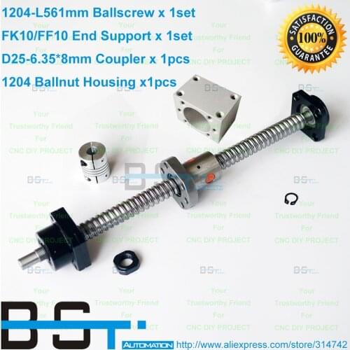 Rolled Ballscrew Set RM1204 561mm + SFU1204 Ballnut + Nut Housing +FK10 FF10 End Support + 6.35x8mm flexible coupler