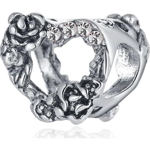 New Original Alloy Bead Open Heart & Rose Flowers Charm Fit Pandora Bracelet Bangle DIY Women Jewelry Dropship