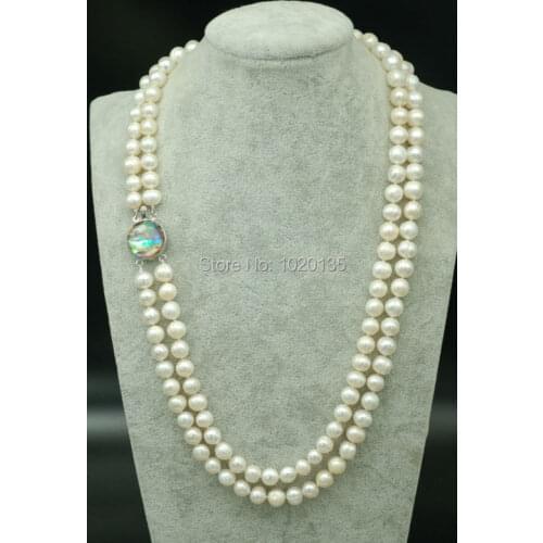 2rows freshwater pearl necklace near round 9-10mm wholesale beads 22-24inch nature unique clasp
