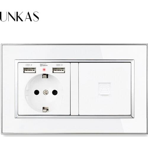 UNKAS Luxury Mirror Acrylic Panel 2 Gang 16A EU Socket 146mm * 86mm + Dual USB Charge Port Female RJ11 Telephone Jack Outlet