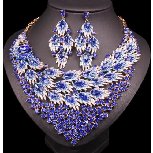 Luxury Big Blue Necklace Earring Sets Peacock tail Jewelry Sets for Brides Gift for Women Wedding Party Indian Costume Accessory