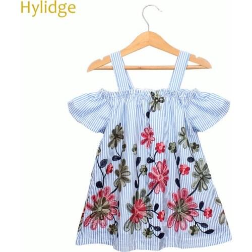 Hylidge Top Grade Embroidery Baby Girl Flower Dress Striped Summer Sundress For Children Kids Sleeveless Dress