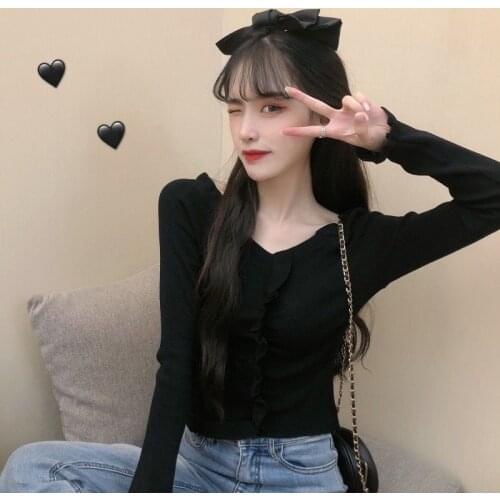 Woman Sweaters Pullover Fall V-neck Off-Shoulder Wooden Ear Short Knitted Long-Sleeved Top For Women Femme Chandails