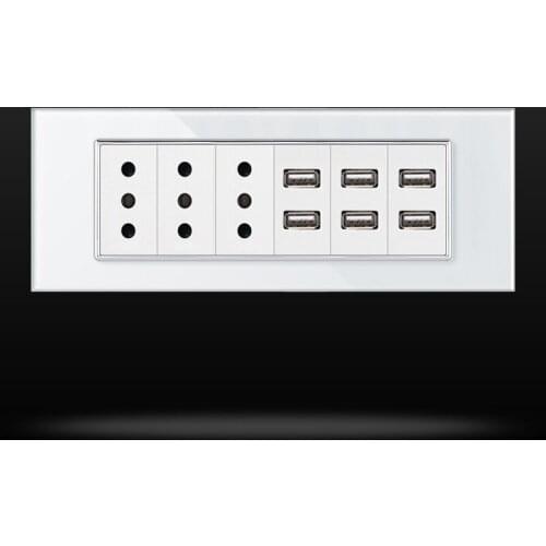 Italy Standard USB Socket Outlet,White Crystal Glass,16A 250V,6 USB ports Power Socket,Toughened glass panel 118 type,USB socket