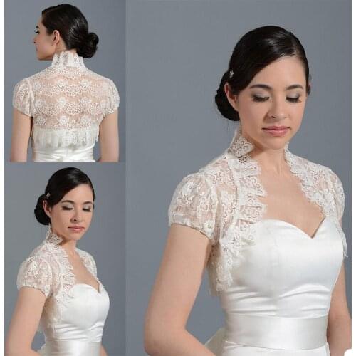 Vintage Bridal Jackets High Collar Capped Sleeve Bolero Wedding Top Lace Appliques Custom Made Plus Size Bridal Accessories