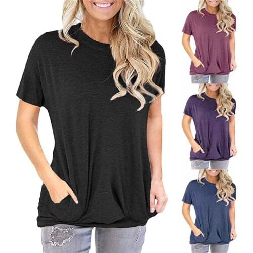 2XL Plus Large Size Womens Blouses Summer Top Solid Color Women Round Neck Short Sleeve Pocket T-shirt Loose Blouse Top