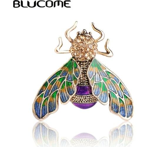 Blucome Beautiful Green Purple Enamel Insect Bee Brooch Crystal Gold-color Alloy Metal Brooches For Shoulder Scarf Sweater Pins