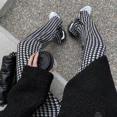 2021 Floor Length Houndstooth Pants For Women Casual Loose Elastic Waist Plaid Wide Leg Pants Feme Spring Summer Long Trousers