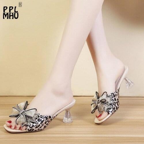 Leopard Butterfly-knot Rhinestone Women Slippers High Quality Peep Toe Shoes Sexy Slip On High Heels Summer New Designer Shoes