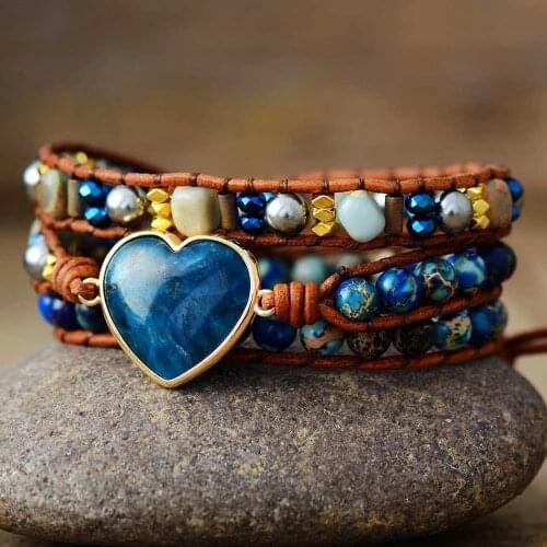 4Unik Women Boho Blue Hydroxyapatite Bracelet Natural Stone Heart Shape Vintage Bead Bracelet Anniversary Gift Jewelry 4UN-B329