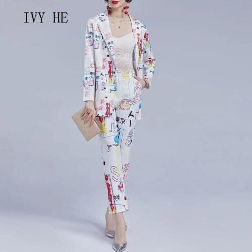IVY HE High Quality Autumn Pantsuits Woman Clothing Japanese Trend Graffiti Printed Pants Suit Fashion Leggings 2 Piece Suit ZA
