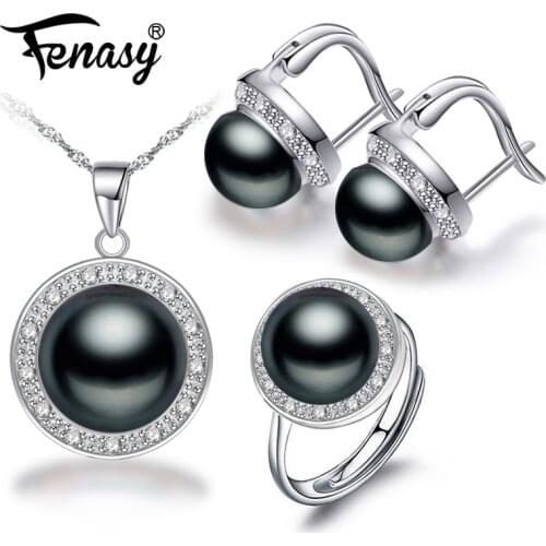 FENASY Natural Freshwater 925 Sterling Silver Pearl Necklace Jewelry Sets For Women Punk Statement Pearl Ring Clip Earrings Sets