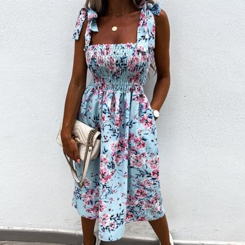 Floral Print Bandage Midi Sundress Women Sleeveless High Waist A-Line Summer Wrap Dress Holiday Casual Ladies Bow Vestidos 2021