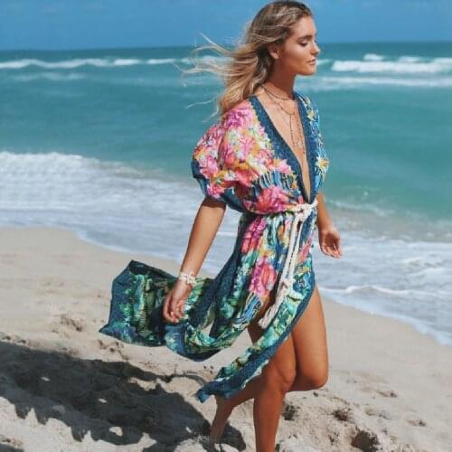 Boho Bohemian Print Blue Summer Beach Wear Long Kimono Women Swimsuit Cover Up Plus Size Bikini Coverup Sarong Plage