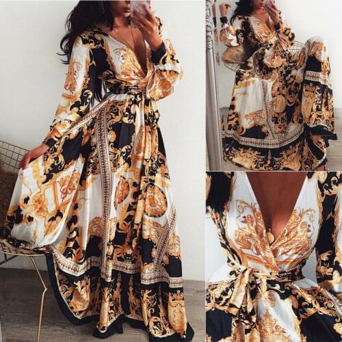 2019 Newest Hot Women Boho Wrap Summer Long Dress Holiday Maxi Loose Sundress Floral V-neck Long Sleeve Elegante Party Dresses