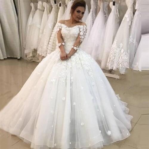 2021 Sweetheart Bridal Gowns Three Quarter Sleeves Ball Gown Wedding Dresses Flowers Formal Vestidos De Novia Robe De Mariee