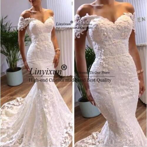 Sexy Short Sleeves Mermaid Wedding Dresses 2020 Lace Appliques Sweep Train Bridal Dress Luxury Lace-up Vestido De Noiva