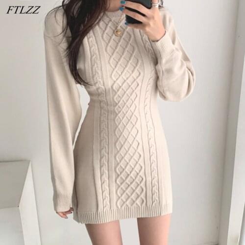 FTLZZ New Spring Autumn Women Sexy Backless High Waist Slim Bodycon Dress Vintage O-Neck Knitting Mini Dress
