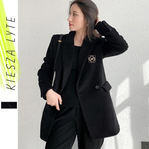 Winter Woollen Suit Jacket for Women Minority Solid Black With Brooch Blazer Elegant Office Lady 2020 Outwear