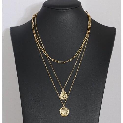 Metal texture chain vintage disc three-piece necklace