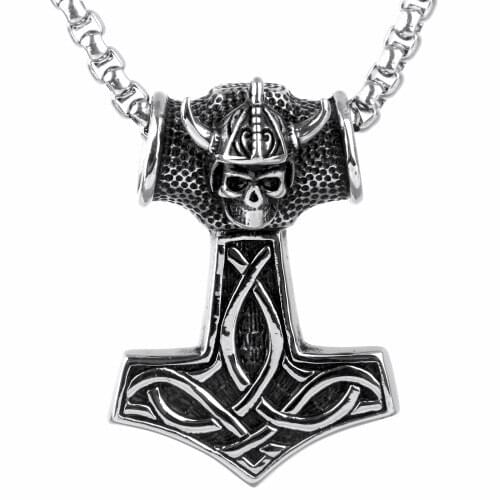 Trendy Stainless Steel Thors Hammer Viking Amulet With Death Skull Pendant Mens Boys Jewelry Pendant Necklace Box Chain 24
