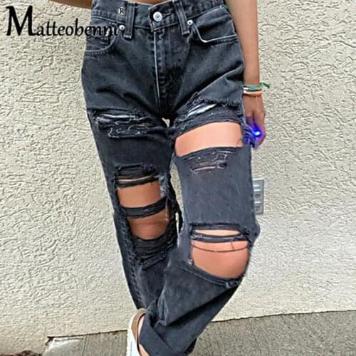 Hip Hop Black Ripped Holes Fashion Womens Jeans Streetwear Pocket High Waisted Boyfriend Denim Pants Casual Straight Jeans 2020