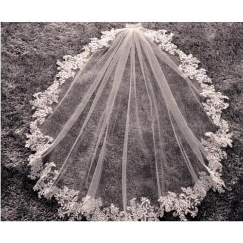 1 layer fingertip length bridal veil white ivory lace wedding veil applique and comb