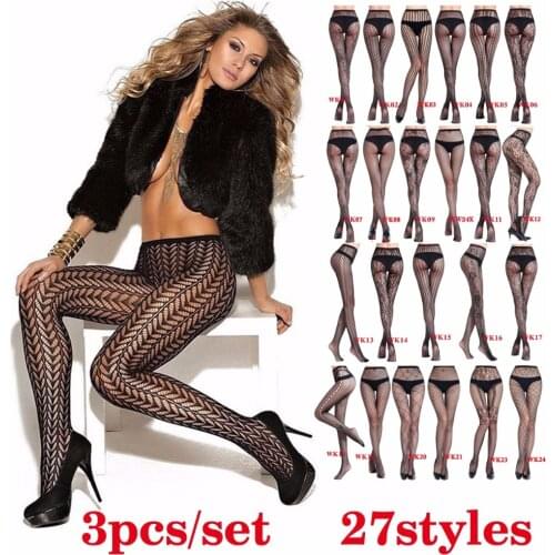 3 Pcs Womens Fishnet Stockings Thigh Sheer Tights Black Sexy Stripe Elastic Stockings Lace Lingerie Embroidery Pantyhose
