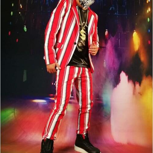 Red white stripes blazer men suits designs jacket mens coat stage costumes for singers clothes star style dress b701