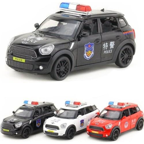 1:32 Scale/Diecast Metal Toy Model/Mini Cooper S Police Fire Engine Car/Sound & Light/Pull back Educational Collection/Kid/Gift