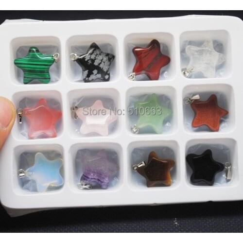Box Stone Sets,12 Pieces /Lot,Nature Stone Pendant,Gem Stone Pendant Five Stars Shape,For Necklace Making,Size:20mm
