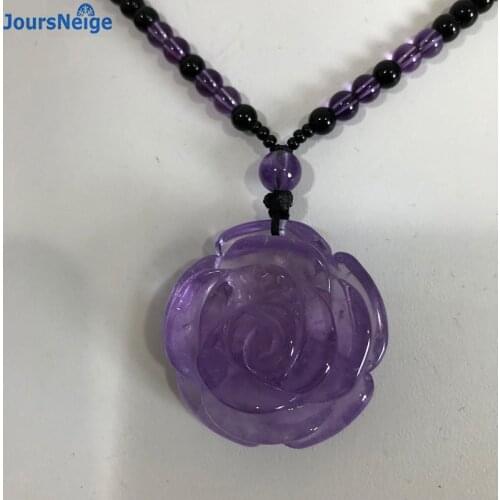 Wholesale Purple Natural Crystal Pendants Hand Carved Flower Sweater chain Necklace Lucky for Women Marriage Fashion Jewelry