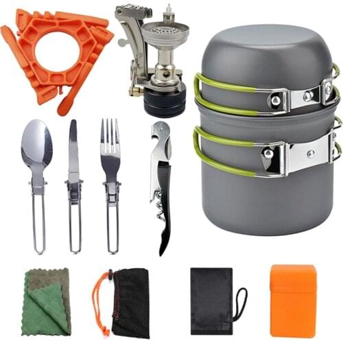 Outdoor Cookware Camping Cookware Set Marching Utensils Tableware Picnic Cooking Stove Kit Gas Stove Boiler Head Corkscrew