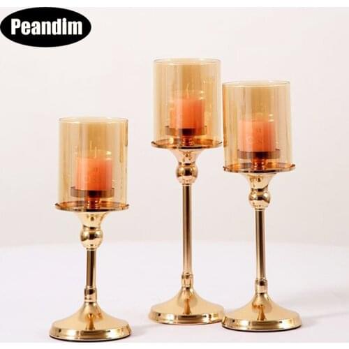 PEANDIM Gold Glass Candle Holder Creative Romantic Table Candlelight Home Dinner Candlestick Wedding Party Centerpieces Decor