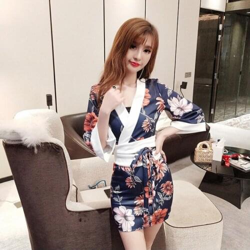 Sexy Dress Nightclub Womens Autumn 2021 V-Neck Three-Quarter Sleeves Bandage Waist Bag Hip Kimono Printing