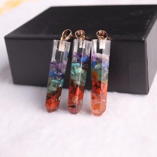 Retro Hexagon Orgone Energy Colorful Seven Chakras Gravel Stone Pillar Charms Pendulum Meditation Pendants Wholesale